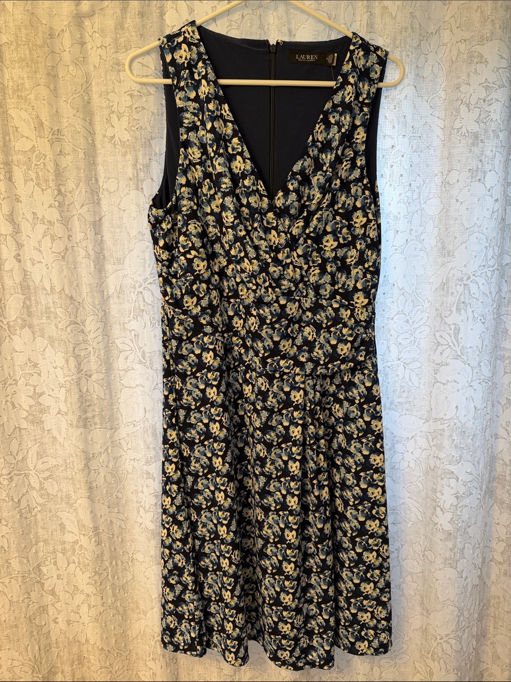 Lauren Ralph Lauren Navy Floral V-Neck Dress with Cream & Light Blue Flowers